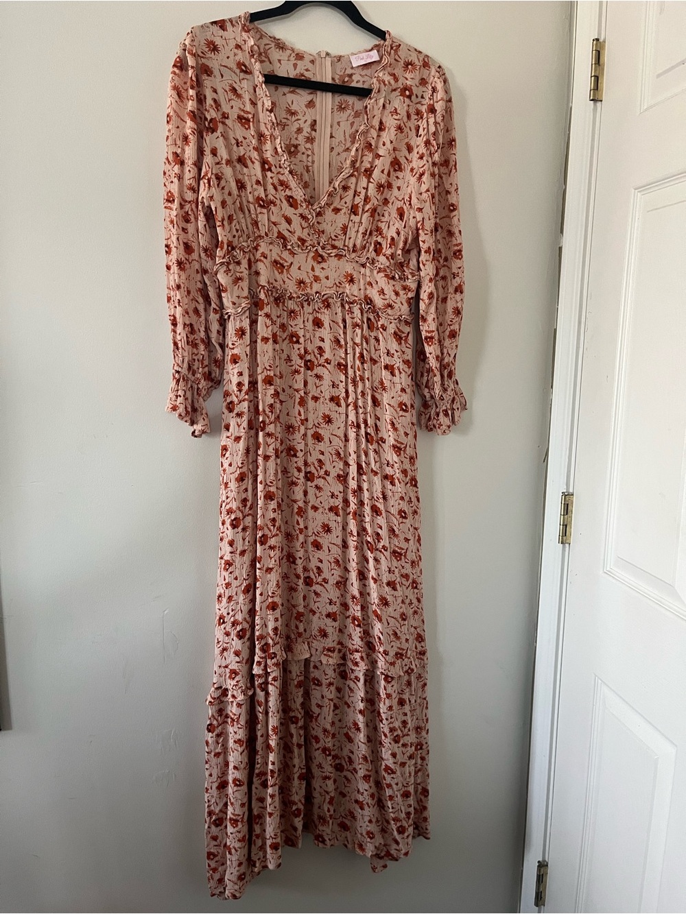 Orange Floral Long Sleeve Maxi Dress Large Cottagecore Prairie Romantic